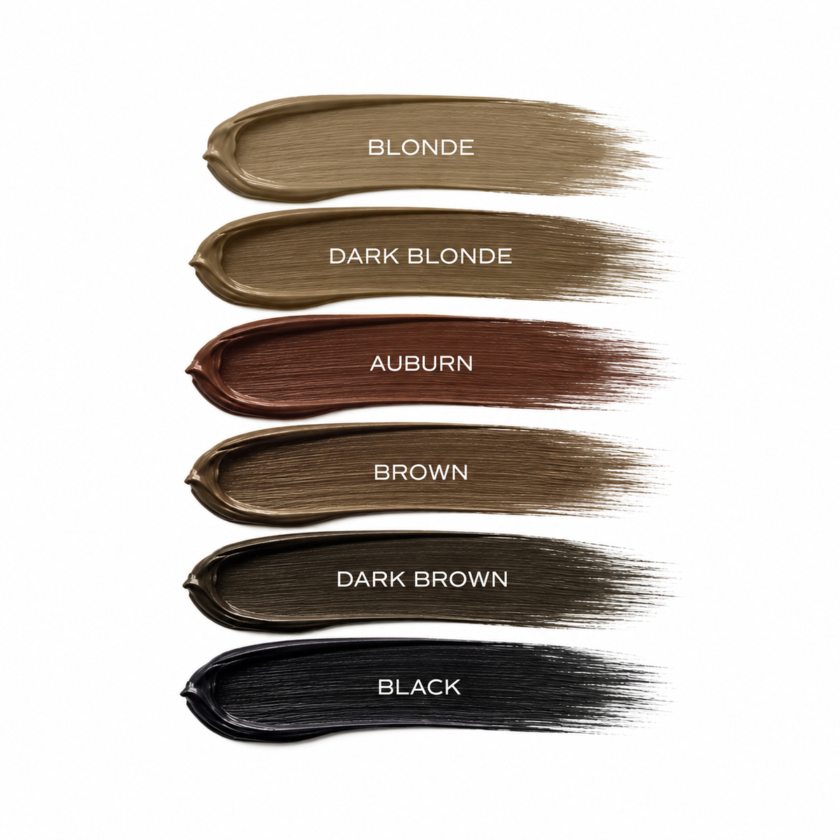 Brow tint swatches: blonde, dark blonde, auburn, brown, dark brown, and black