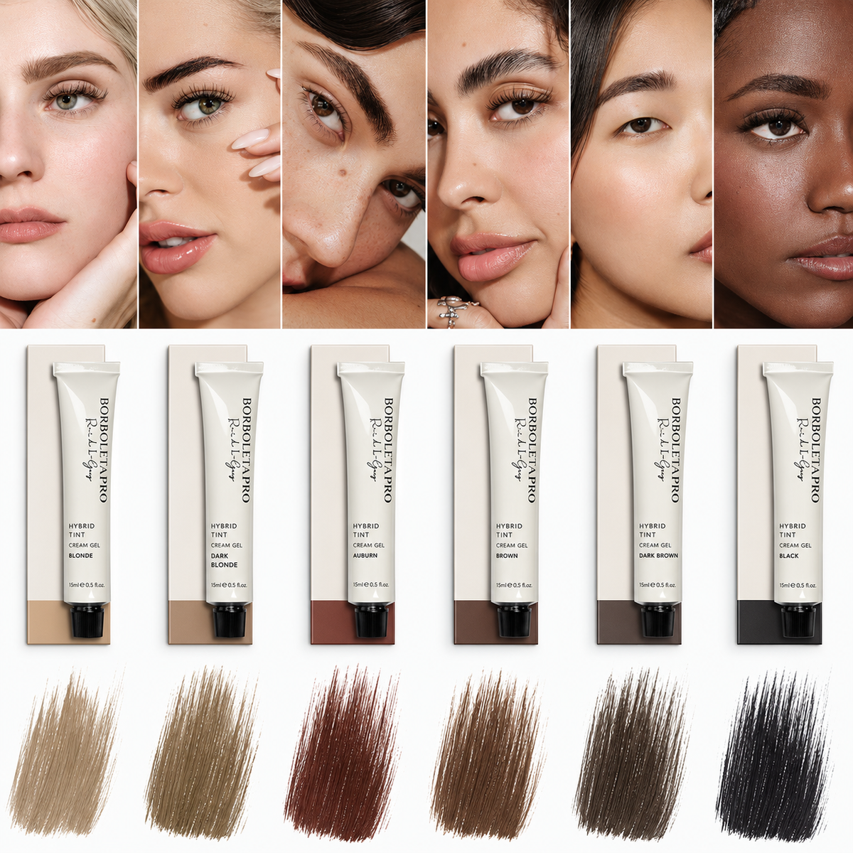 Brow tint shade range with color swatches and examples on different brows