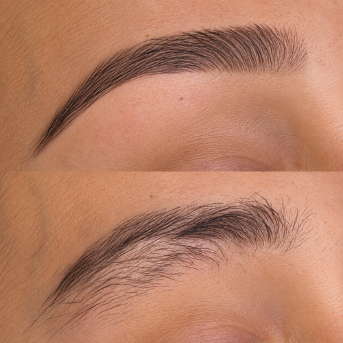 Before-and-after brow shaping comparison showing a cleaner, more defined arch