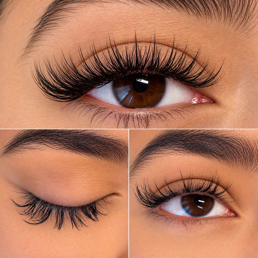 Three close-up views of lash extensions showing fullness along the lash line