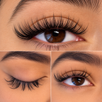 Three close-up views of lash extensions showing fullness along the lash line