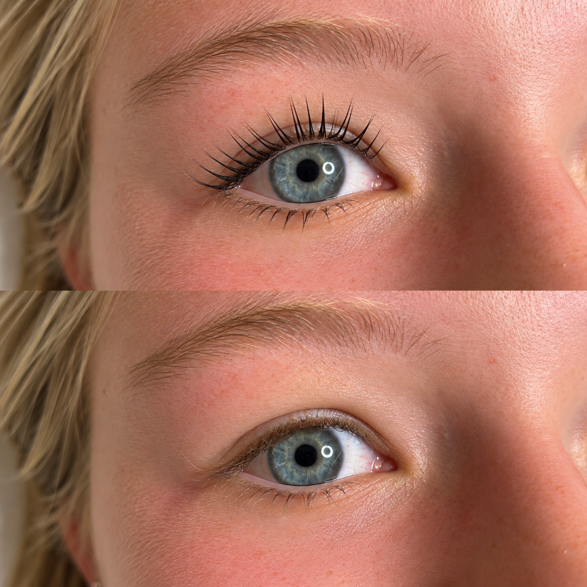 Before-and-after close-up showing the curl and definition of a lash lift