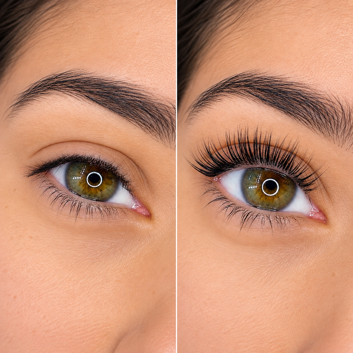 Side-by-side lash lift comparison showing natural lashes before and after a defined upward curl