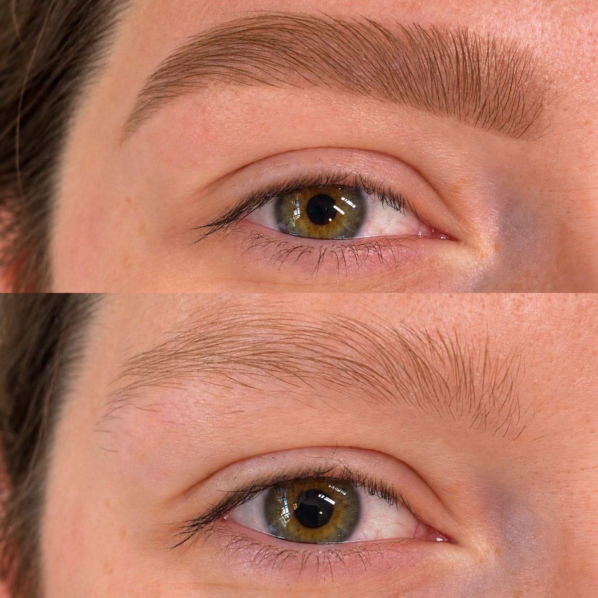 Before-and-after brow tint and shaping comparison with fuller, darker definition